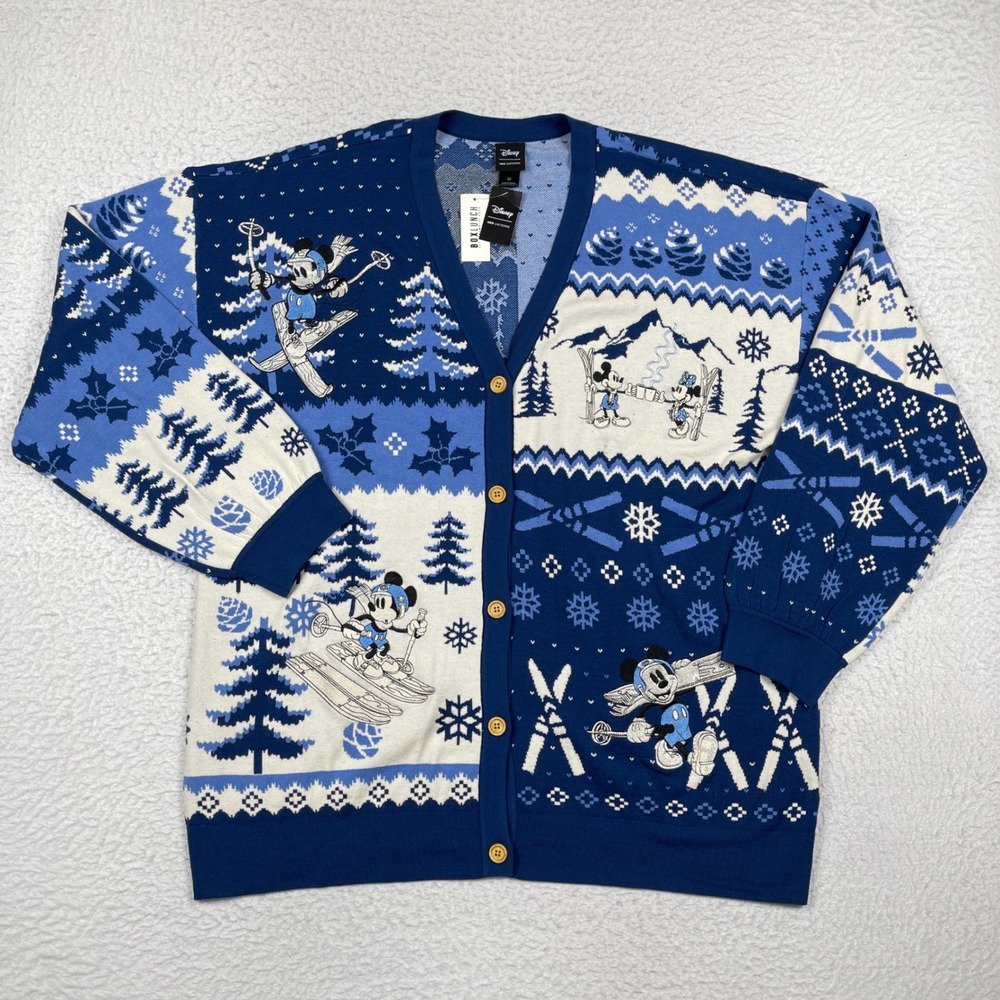 Disney Cardigan Womens 3X Blue Mickey Minnie Skiing Intarsia Winter Holiday Cozy